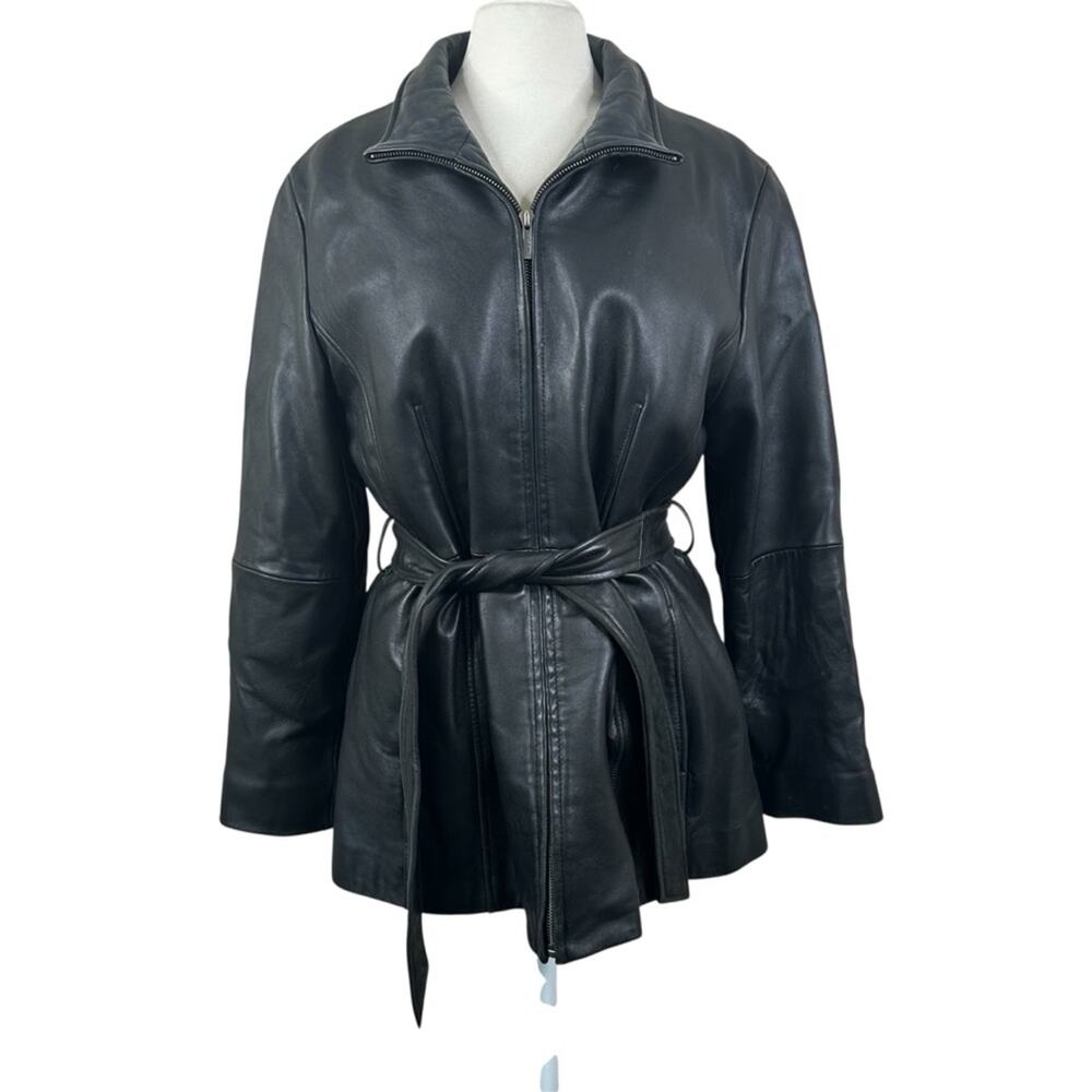 Wilsons Leather Vintage Jacket Womens Large Black Full Zip Belted Edgy Chic